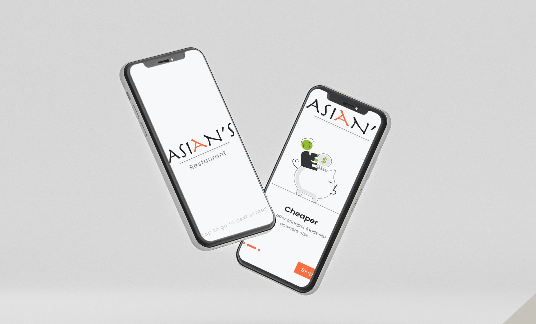Two phones showing the Asian's app splash and onboarding screens