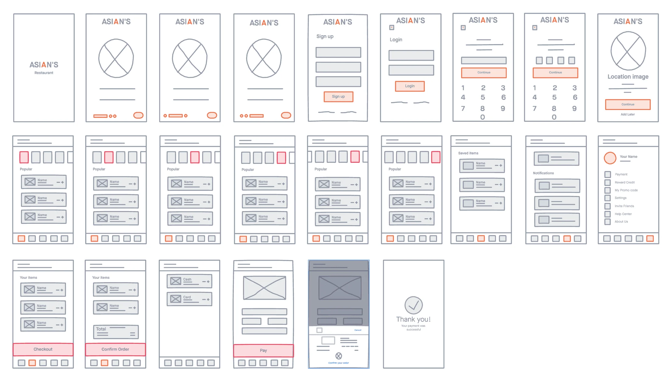 InVision low-fidelity wireframes of the full app flow