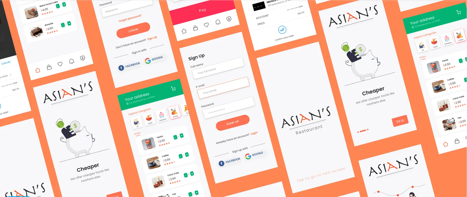 Tilted high-fidelity screens on an orange background