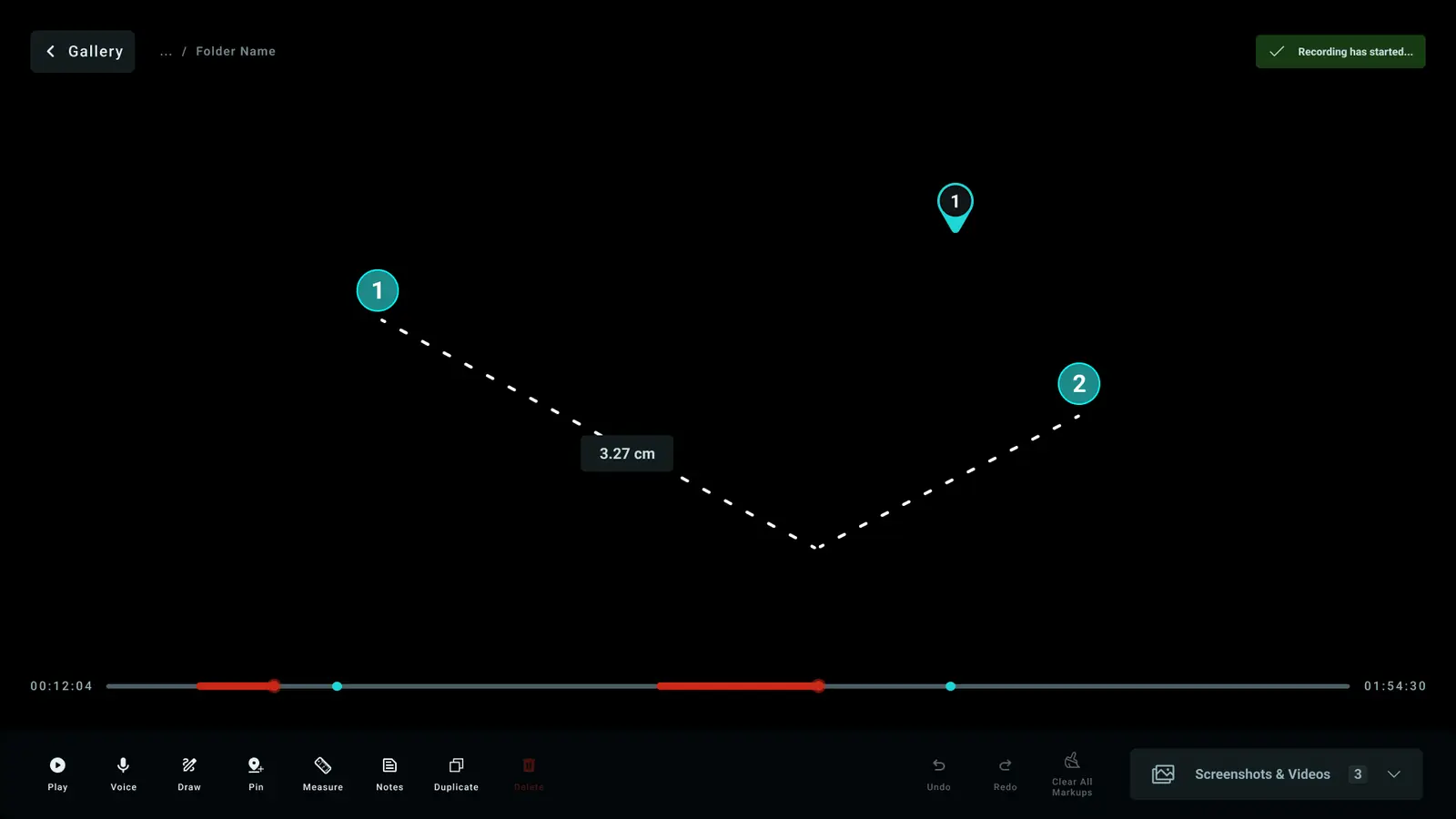 The live video editor in annotation mode, with numbered pins and a measurement on the feed