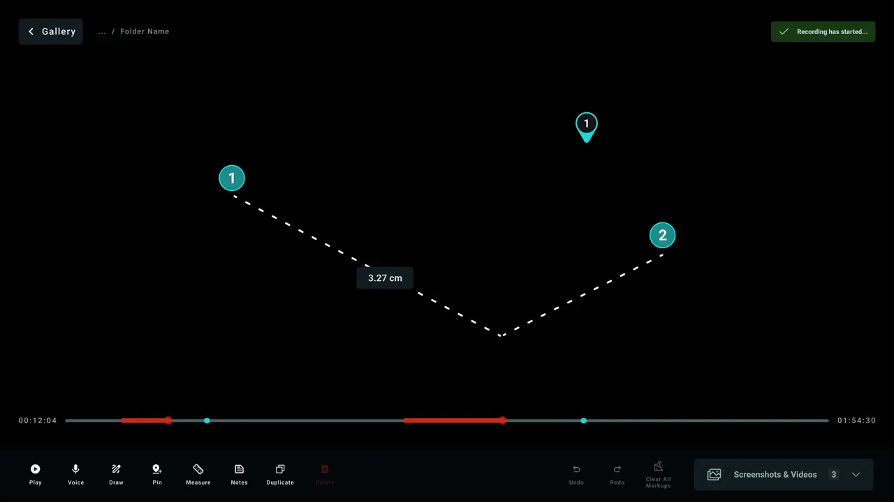 The new editor with numbered pins, a 3.27 cm measurement, a timeline and a tool bar