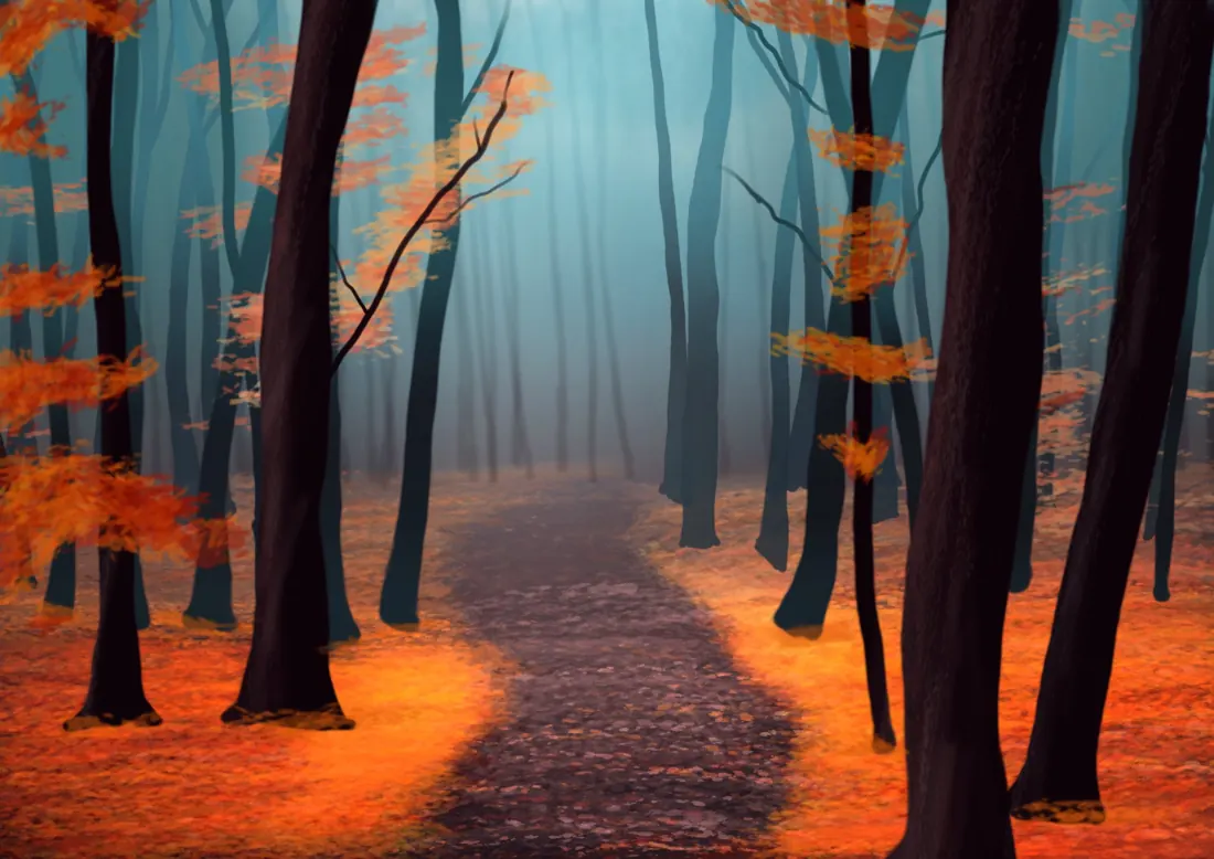 Autumn forest path in mist