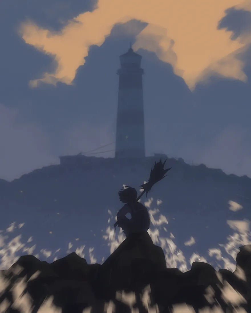 Figure with a broom on rocks before a lighthouse