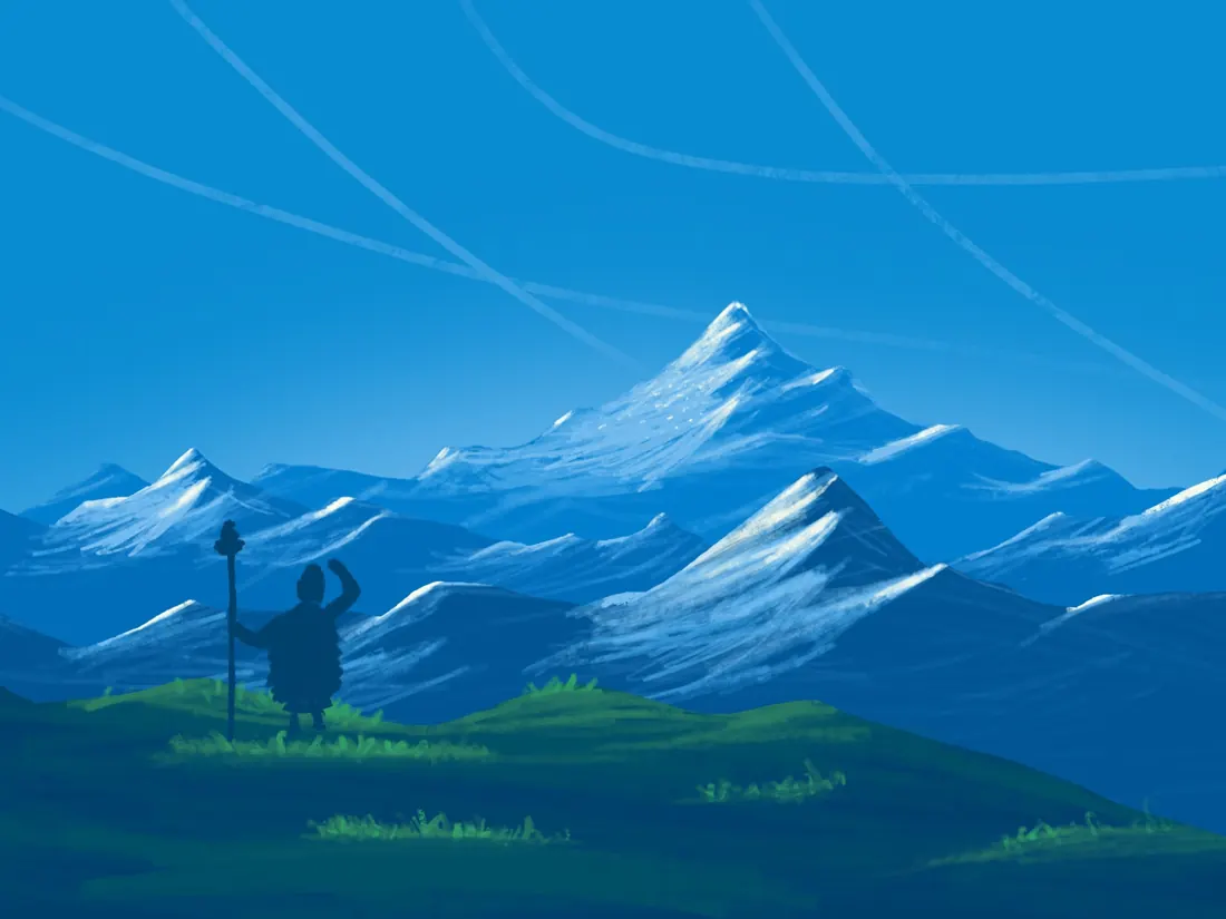 Hiker waving at snowy blue mountains