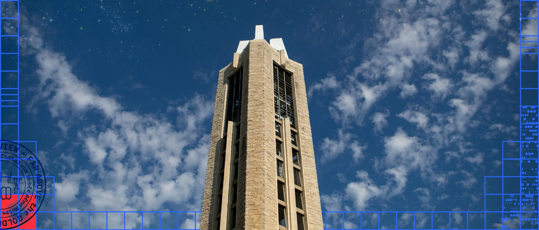 The KU Brand Center home page hero, with the Campanile against the sky and the brand grid over it