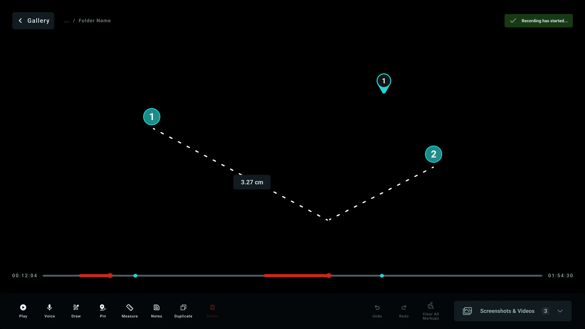The live video editor: a back button and breadcrumb at the top, numbered pins and a 3.27 cm measurement on the feed, a timeline below, and one tool bar at the bottom