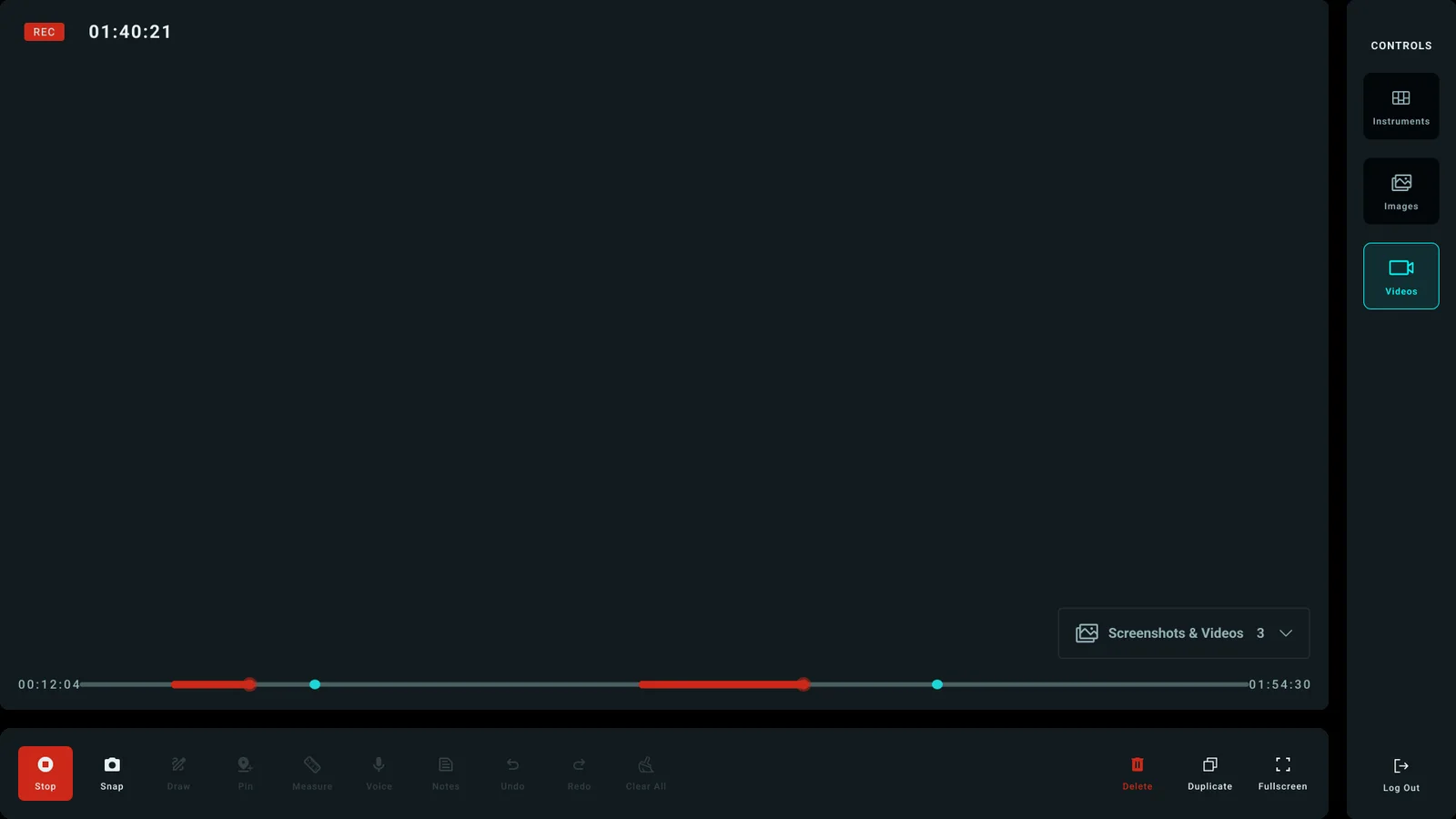 The live video editor while recording: a red REC badge and timer at the top left, a timeline with markers, Stop and Snap at the bottom left, and a controls rail on the right